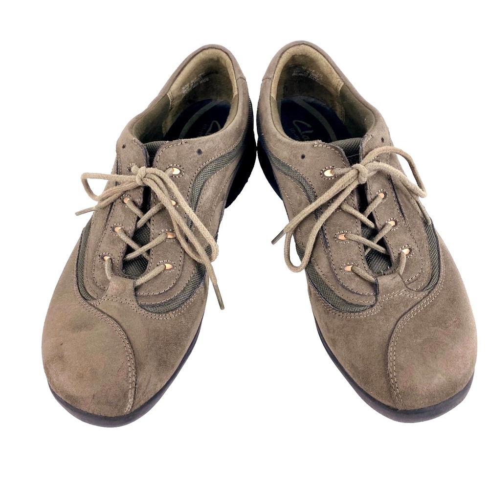 Clarks Nubuck Leather Oxfords Women's 8.5 W Brown Walking Comfort Shoes Hiking